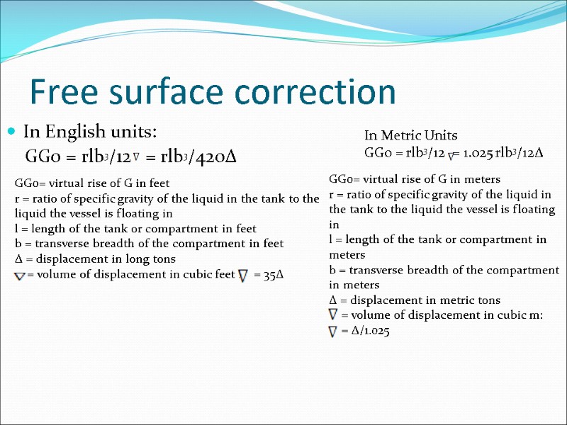 Free surface correction In English units:     GG0 = rlb3/12 